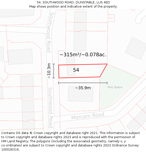 54, SOUTHWOOD ROAD, DUNSTABLE, LU5 4ED: Plot and title map