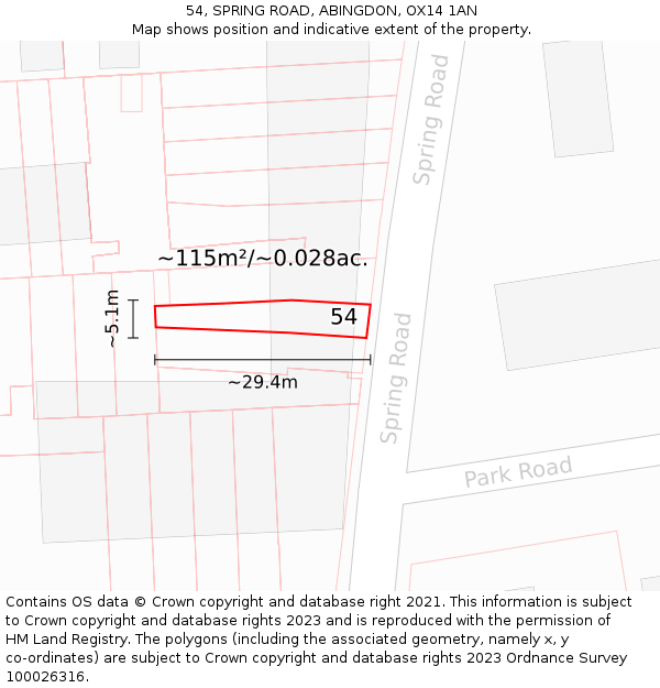 54, SPRING ROAD, ABINGDON, OX14 1AN: Plot and title map