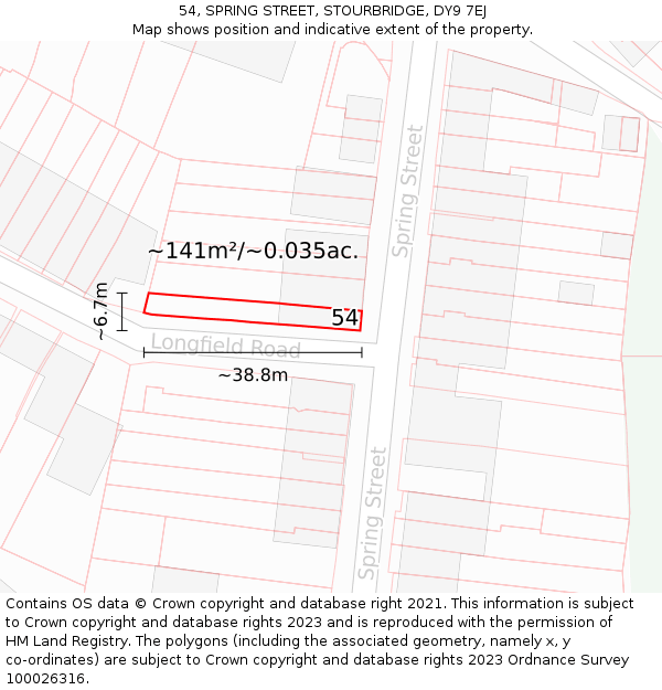 54, SPRING STREET, STOURBRIDGE, DY9 7EJ: Plot and title map