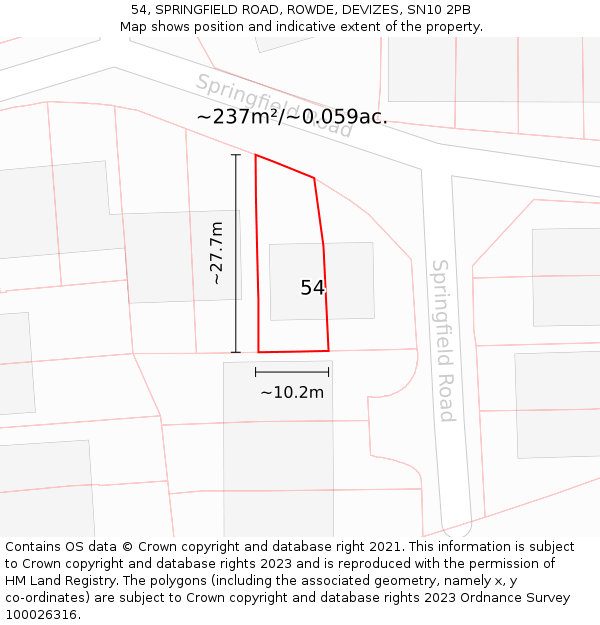 54, SPRINGFIELD ROAD, ROWDE, DEVIZES, SN10 2PB: Plot and title map