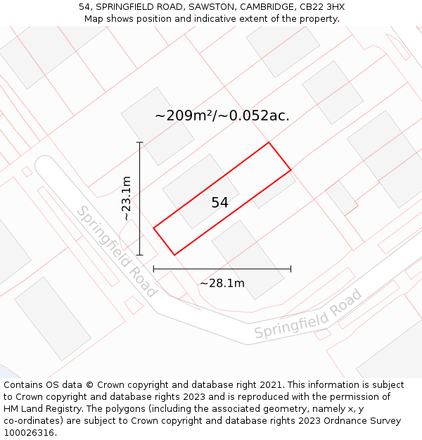 54, SPRINGFIELD ROAD, SAWSTON, CAMBRIDGE, CB22 3HX: Plot and title map