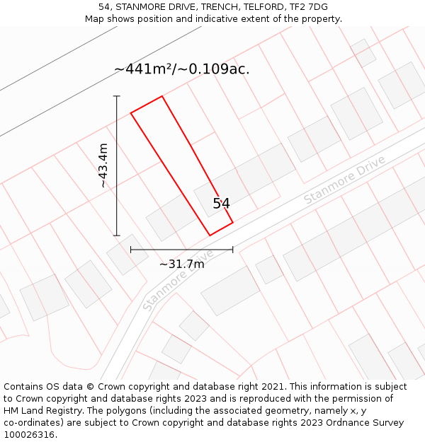 54, STANMORE DRIVE, TRENCH, TELFORD, TF2 7DG: Plot and title map