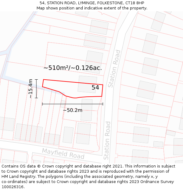 54, STATION ROAD, LYMINGE, FOLKESTONE, CT18 8HP: Plot and title map