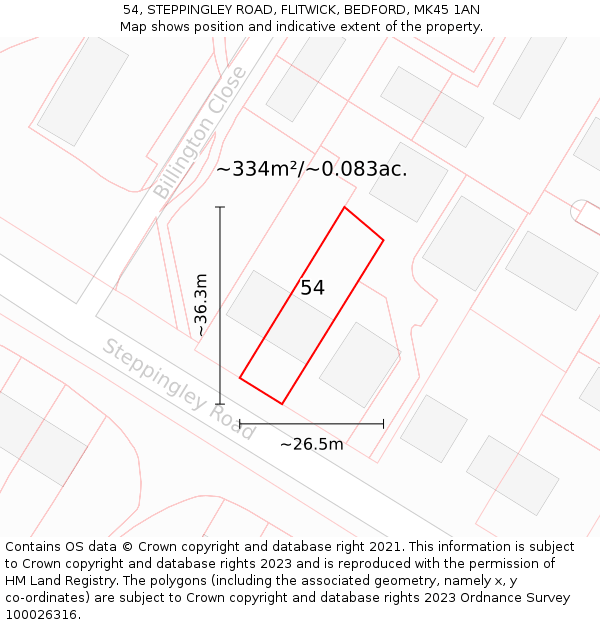 54, STEPPINGLEY ROAD, FLITWICK, BEDFORD, MK45 1AN: Plot and title map