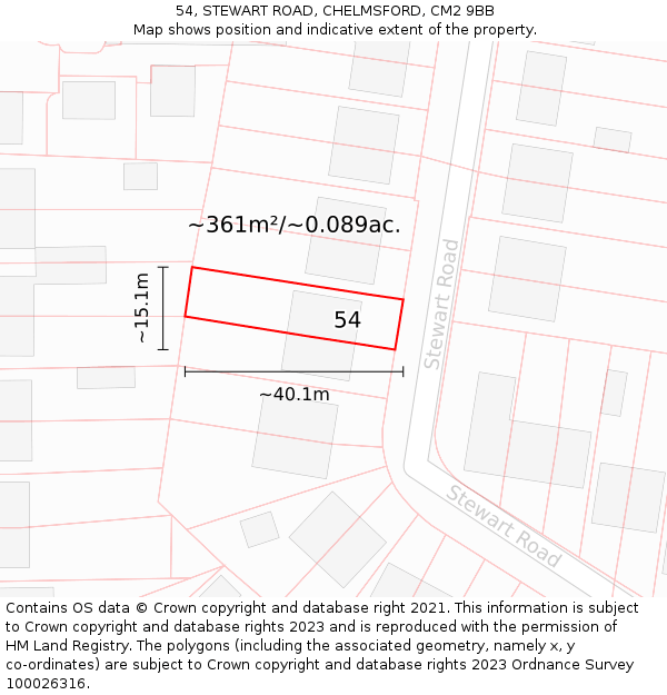 54, STEWART ROAD, CHELMSFORD, CM2 9BB: Plot and title map
