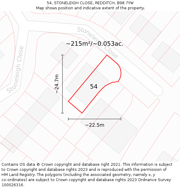 54, STONELEIGH CLOSE, REDDITCH, B98 7YW: Plot and title map