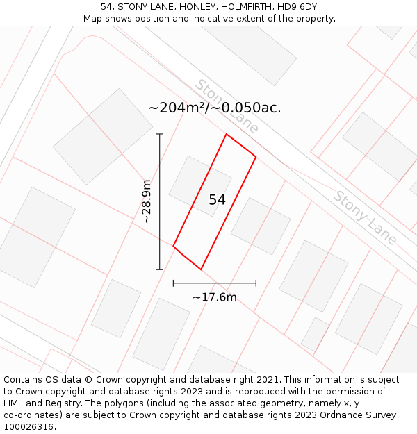 54, STONY LANE, HONLEY, HOLMFIRTH, HD9 6DY: Plot and title map