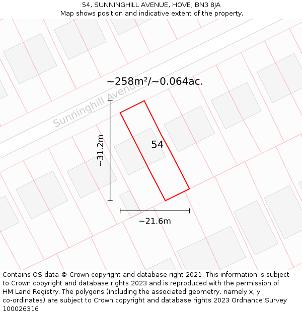 54, SUNNINGHILL AVENUE, HOVE, BN3 8JA: Plot and title map