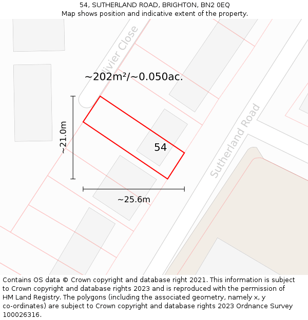 54, SUTHERLAND ROAD, BRIGHTON, BN2 0EQ: Plot and title map