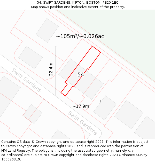 54, SWIFT GARDENS, KIRTON, BOSTON, PE20 1EQ: Plot and title map