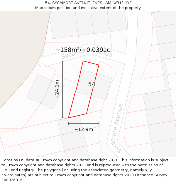 54, SYCAMORE AVENUE, EVESHAM, WR11 1YE: Plot and title map