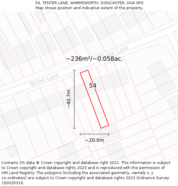 54, TENTER LANE, WARMSWORTH, DONCASTER, DN4 9PS: Plot and title map