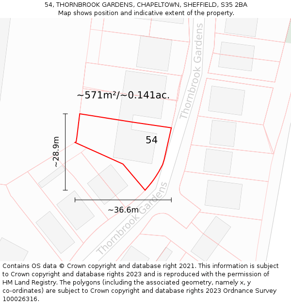 54, THORNBROOK GARDENS, CHAPELTOWN, SHEFFIELD, S35 2BA: Plot and title map