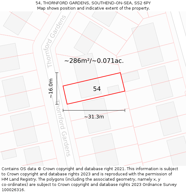 54, THORNFORD GARDENS, SOUTHEND-ON-SEA, SS2 6PY: Plot and title map