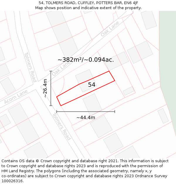 54, TOLMERS ROAD, CUFFLEY, POTTERS BAR, EN6 4JF: Plot and title map