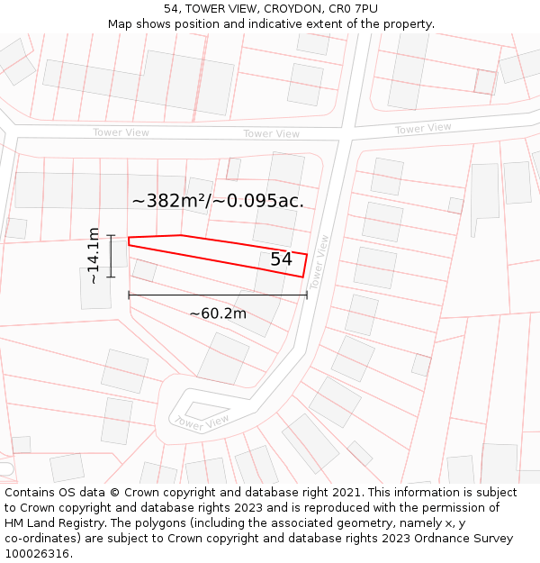 54, TOWER VIEW, CROYDON, CR0 7PU: Plot and title map