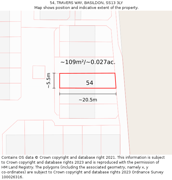 54, TRAVERS WAY, BASILDON, SS13 3LY: Plot and title map