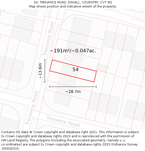 54, TRENANCE ROAD, EXHALL, COVENTRY, CV7 9FJ: Plot and title map