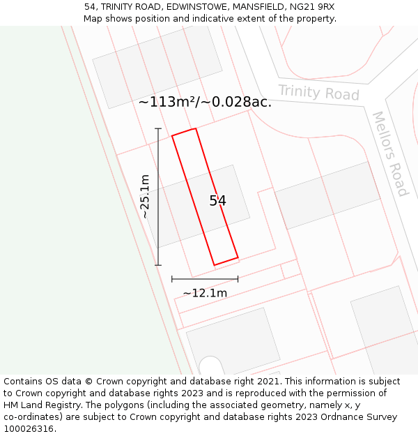 54, TRINITY ROAD, EDWINSTOWE, MANSFIELD, NG21 9RX: Plot and title map