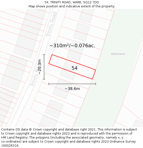 54, TRINITY ROAD, WARE, SG12 7DD: Plot and title map