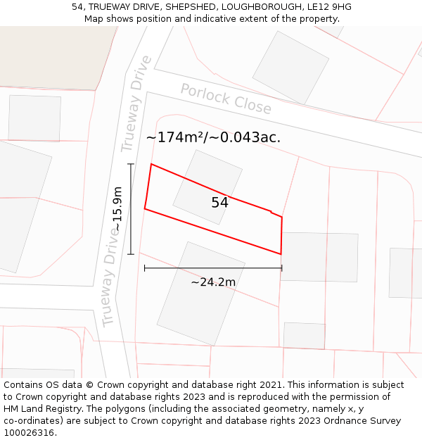 54, TRUEWAY DRIVE, SHEPSHED, LOUGHBOROUGH, LE12 9HG: Plot and title map