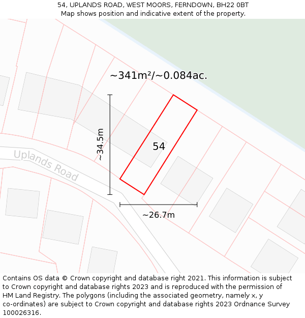 54, UPLANDS ROAD, WEST MOORS, FERNDOWN, BH22 0BT: Plot and title map