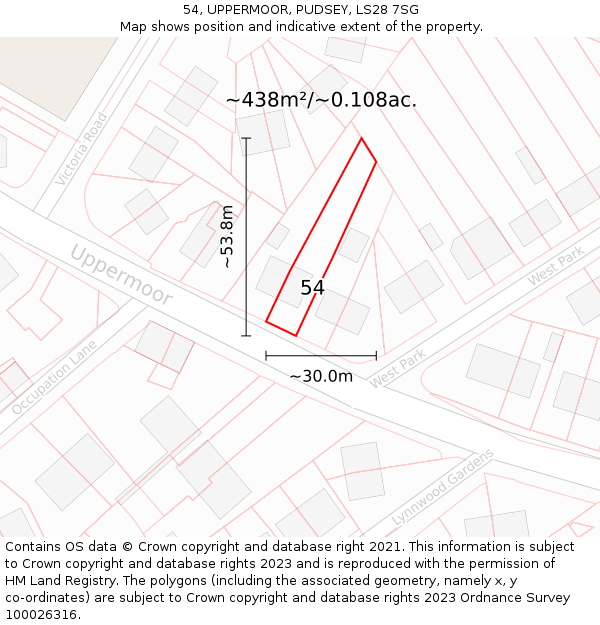 54, UPPERMOOR, PUDSEY, LS28 7SG: Plot and title map