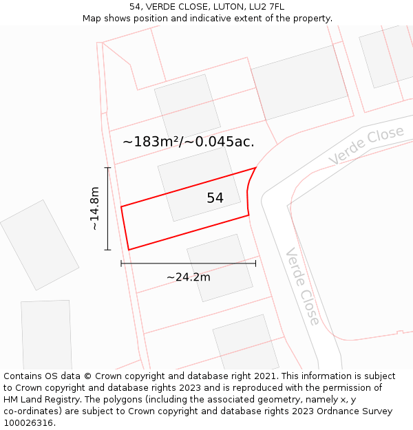 54, VERDE CLOSE, LUTON, LU2 7FL: Plot and title map