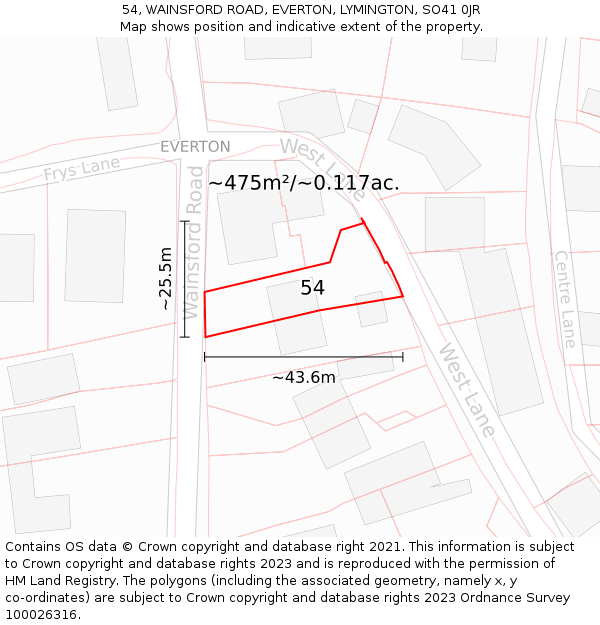 54, WAINSFORD ROAD, EVERTON, LYMINGTON, SO41 0JR: Plot and title map