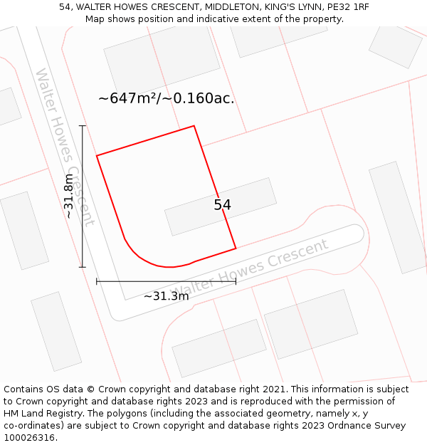 54, WALTER HOWES CRESCENT, MIDDLETON, KING'S LYNN, PE32 1RF: Plot and title map
