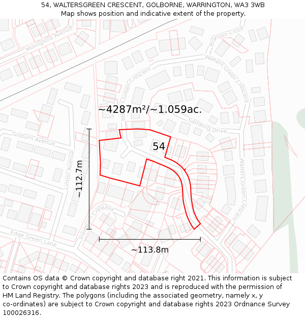 54, WALTERSGREEN CRESCENT, GOLBORNE, WARRINGTON, WA3 3WB: Plot and title map