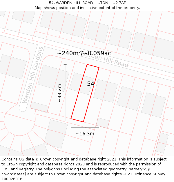 54, WARDEN HILL ROAD, LUTON, LU2 7AF: Plot and title map