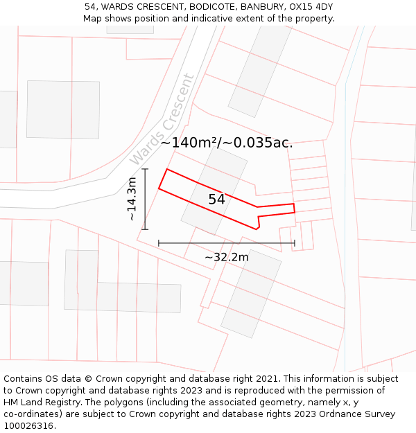 54, WARDS CRESCENT, BODICOTE, BANBURY, OX15 4DY: Plot and title map