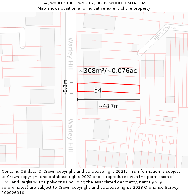54, WARLEY HILL, WARLEY, BRENTWOOD, CM14 5HA: Plot and title map