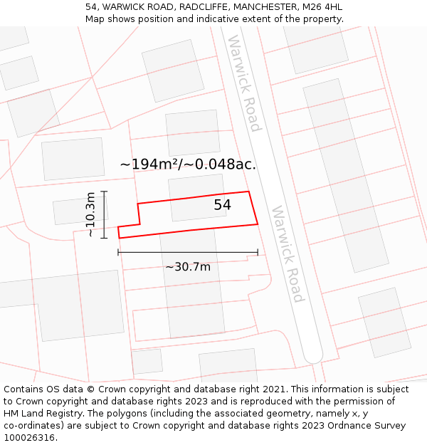54, WARWICK ROAD, RADCLIFFE, MANCHESTER, M26 4HL: Plot and title map