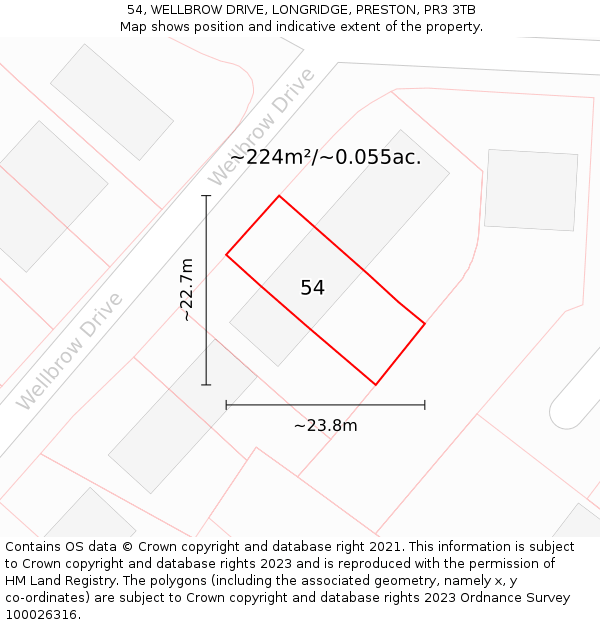 54, WELLBROW DRIVE, LONGRIDGE, PRESTON, PR3 3TB: Plot and title map