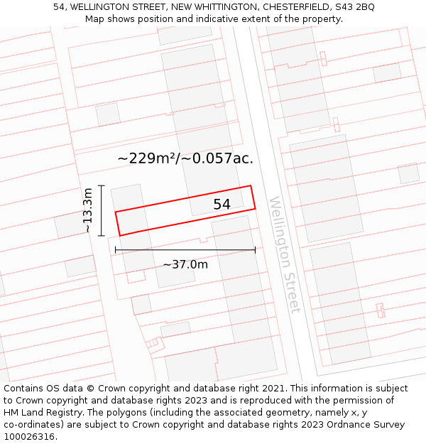 54, WELLINGTON STREET, NEW WHITTINGTON, CHESTERFIELD, S43 2BQ: Plot and title map