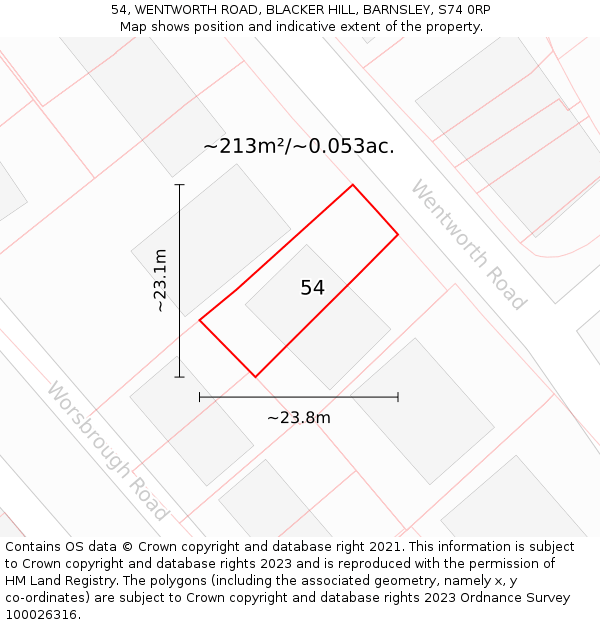 54, WENTWORTH ROAD, BLACKER HILL, BARNSLEY, S74 0RP: Plot and title map