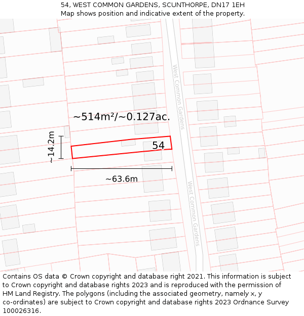 54, WEST COMMON GARDENS, SCUNTHORPE, DN17 1EH: Plot and title map