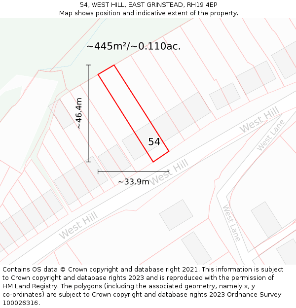 54, WEST HILL, EAST GRINSTEAD, RH19 4EP: Plot and title map