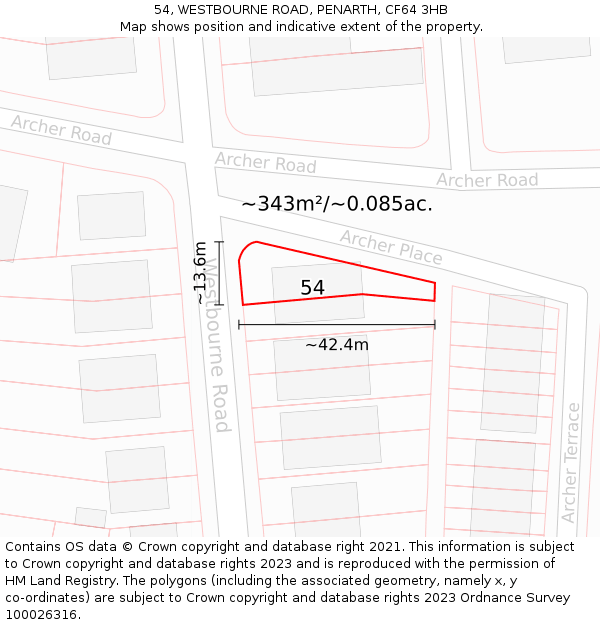 54, WESTBOURNE ROAD, PENARTH, CF64 3HB: Plot and title map