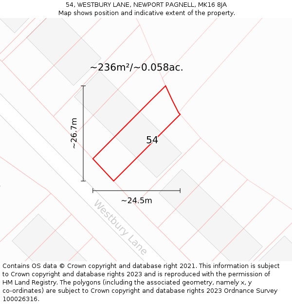 54, WESTBURY LANE, NEWPORT PAGNELL, MK16 8JA: Plot and title map