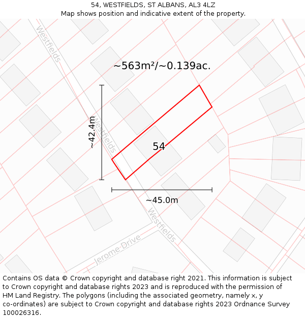 54, WESTFIELDS, ST ALBANS, AL3 4LZ: Plot and title map