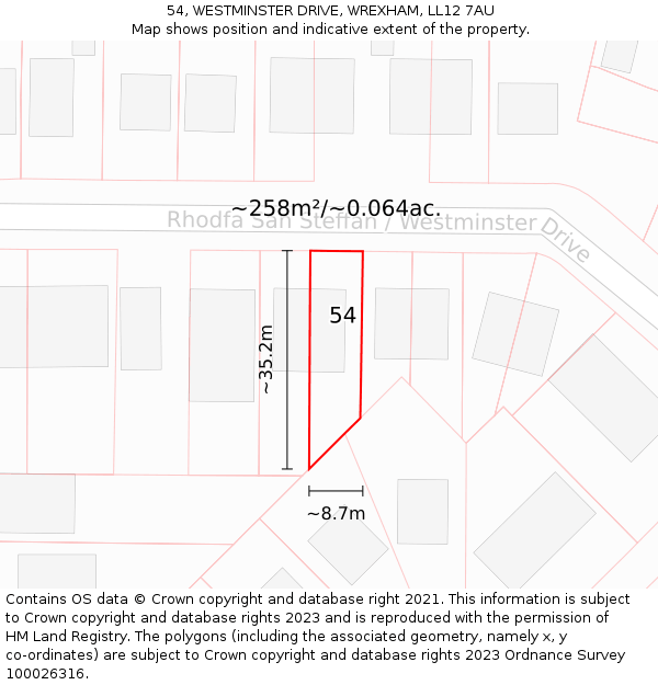 54, WESTMINSTER DRIVE, WREXHAM, LL12 7AU: Plot and title map