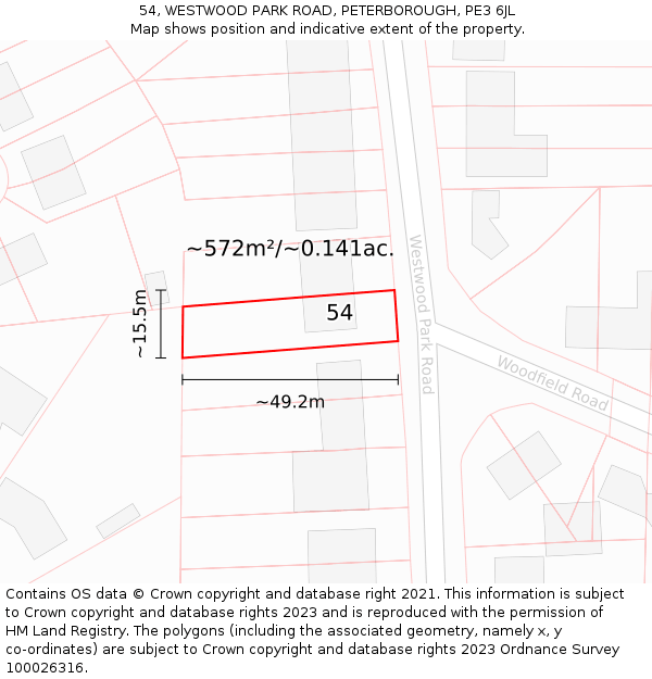 54, WESTWOOD PARK ROAD, PETERBOROUGH, PE3 6JL: Plot and title map