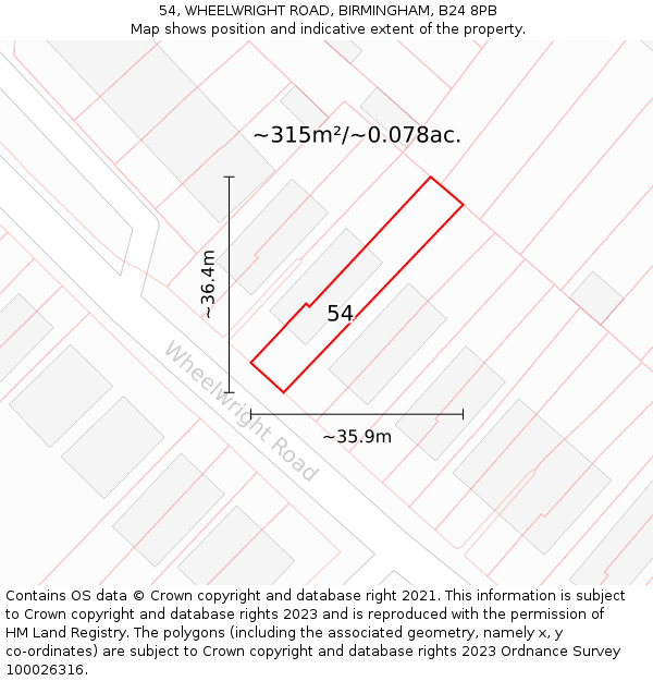 54, WHEELWRIGHT ROAD, BIRMINGHAM, B24 8PB: Plot and title map