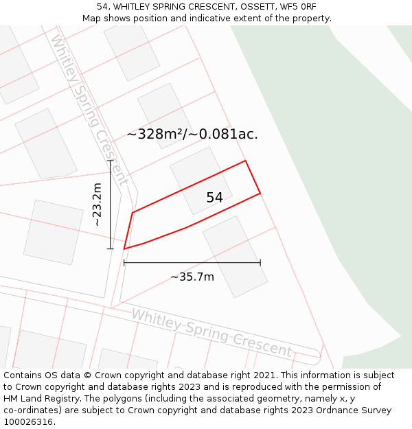 54, WHITLEY SPRING CRESCENT, OSSETT, WF5 0RF: Plot and title map