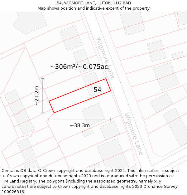 54, WIGMORE LANE, LUTON, LU2 8AB: Plot and title map