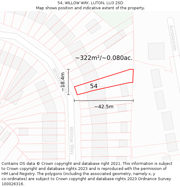 54, WILLOW WAY, LUTON, LU3 2SD: Plot and title map