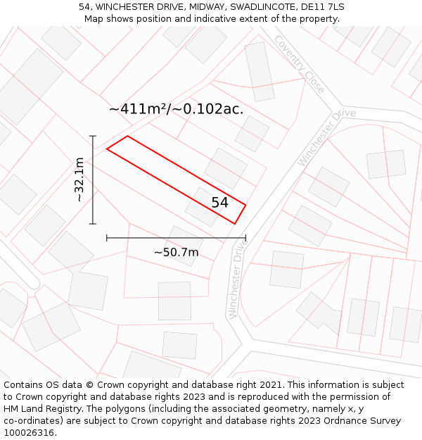 54, WINCHESTER DRIVE, MIDWAY, SWADLINCOTE, DE11 7LS: Plot and title map